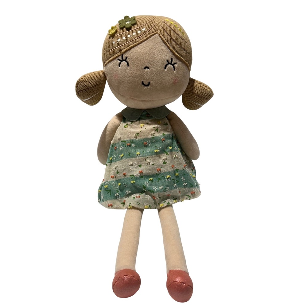 Gloveleya Soft Plush Girl Doll Green Floral Striped Dress Pigtails 13 Inch